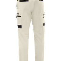Beige work pants with black zippers and accents on a white background