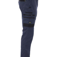 Navy blue work pants with black zippers and pockets on a white background