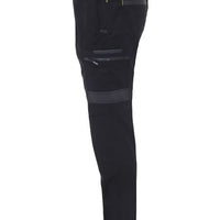 Black pants with reflective stripes on a white background