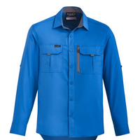 Blue shirt with a brand logo on a white background