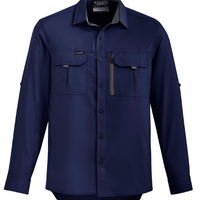 Navy blue shirt with front pockets and zippers on a white background