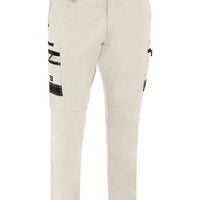 Beige pants with black accents on a white background