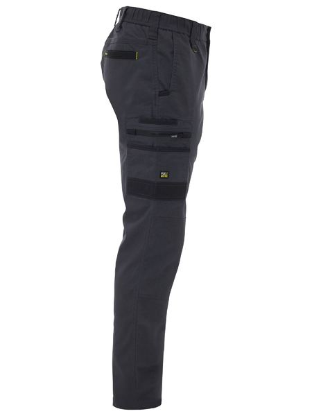 Charcoal work pants with multiple pockets on a white background