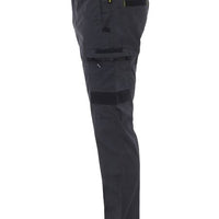 Charcoal pants with multiple pockets on a white background