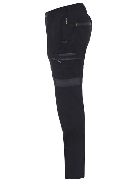 Black pants with reflective stripes on a white background