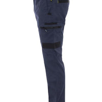 Navy blue pants with zippers on a white background