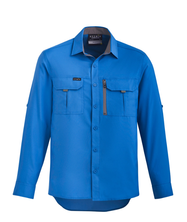 Blue shirt with a brand logo on a white background