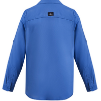 Blue shirt with a brand logo on the chest against a white background