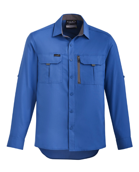 Blue shirt with a brand logo on a white background