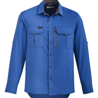 Blue shirt with a brand logo on a white background