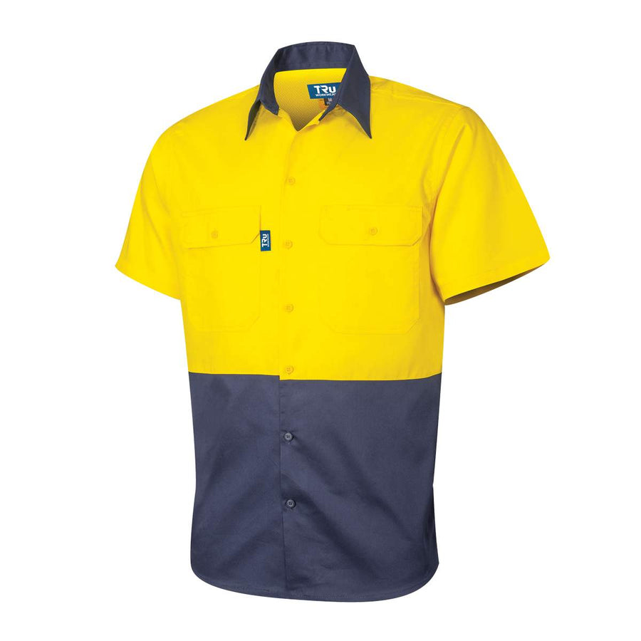 Tru Men's Light Weight Vented S/S Cotton Drill Shirt Yellow/Navy  DS2165