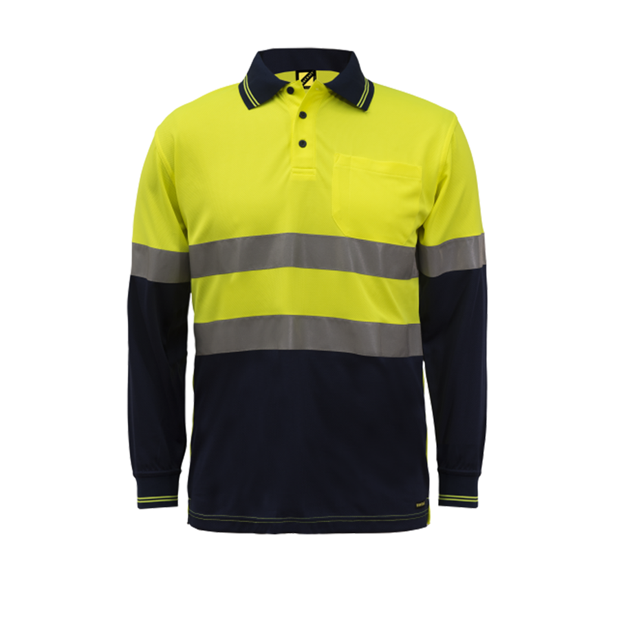 Front of NCC Hi Vis Micromesh CSR Taped L/S Polo on yellow/navy WSP409