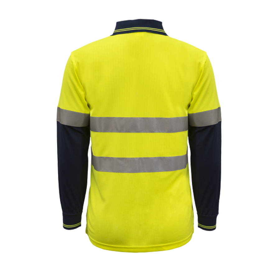 Back of NCC Hi Vis Micromesh CSR Taped L/S Polo on yellow/navy WSP409
