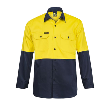 Front of NCC  Heavy Weight Hi Vis Cotton Drill L./S yellow/navy Shirt WS3022