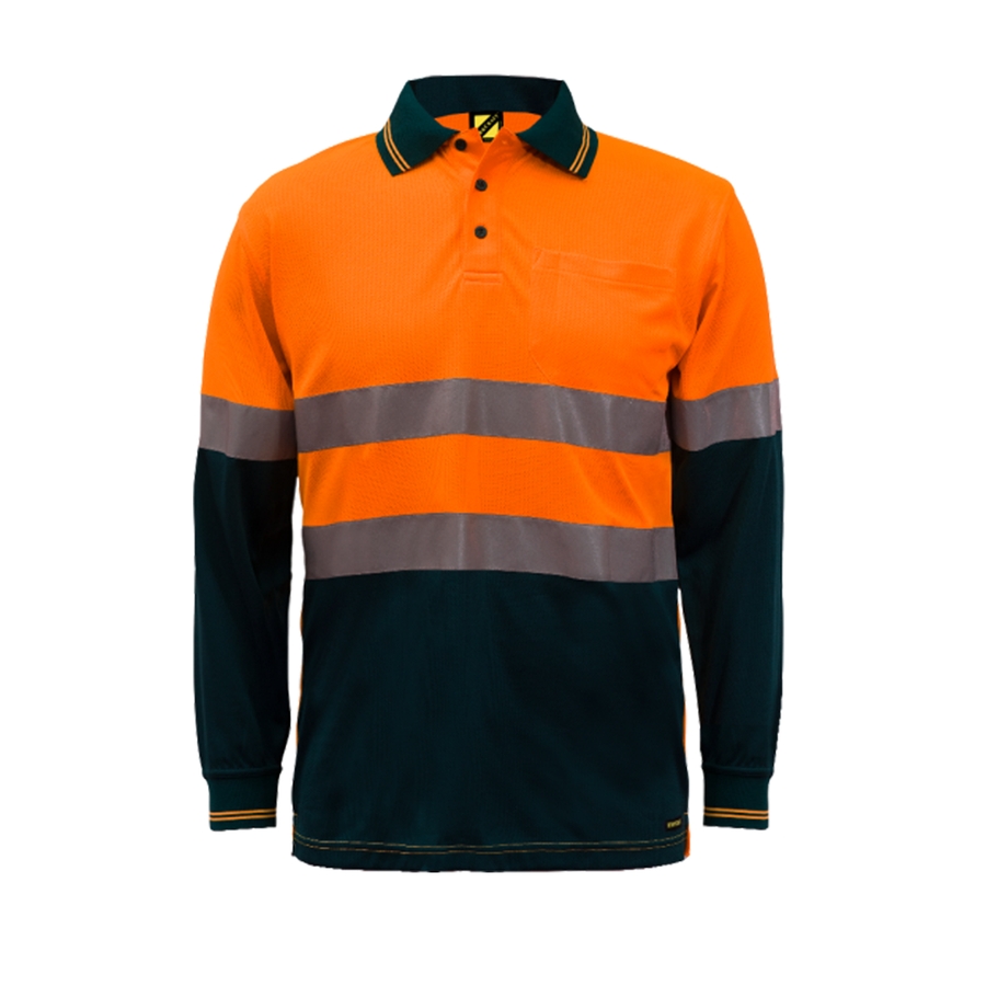 Front of NCC Hi Vis Micromesh CSR Taped L/S Polo on orange/navy WSP409